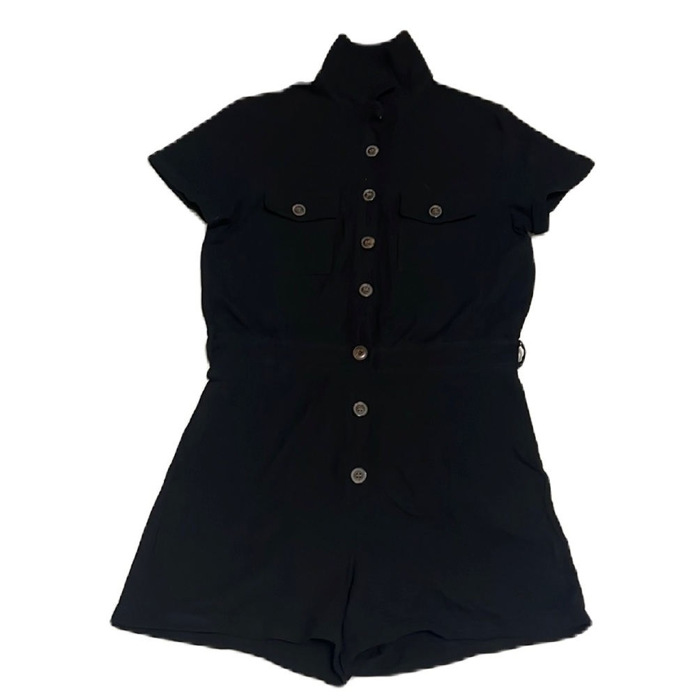 LOOKBOOK, Rolled Sleeves, Rolled Hem, Button Down Romper, Black, Size Small